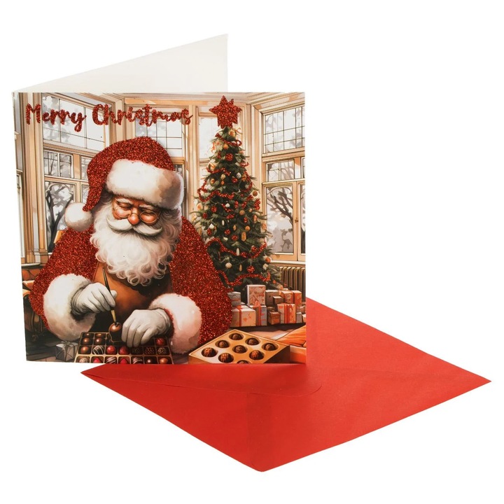 Felicitare Mos Craciun cu Bomboane Glitter Rosu "Merry Christmas" 15x15cm & Plic