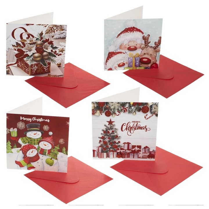 Felicitari de Craciun 4 Modele cu Glitter 15x15cm - 4buc