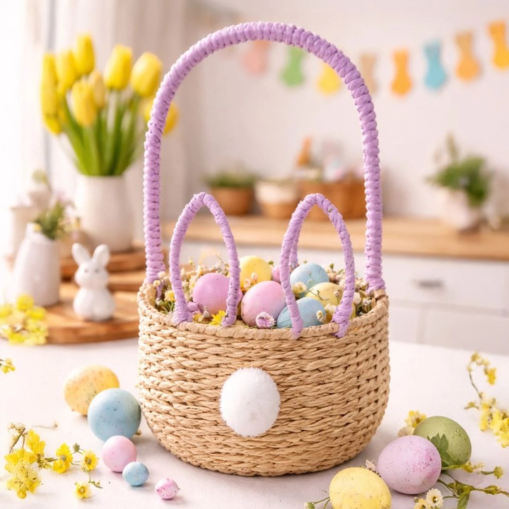 Cos de Paste din Ratan Lucrat Manual cu Urechi de Iepure Detalii Lila si Coada Alba Pompom Ø16,5x12cm