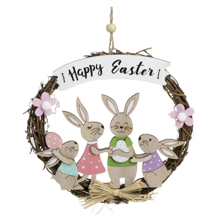 Coronita Decorativa Paste Cu Iepurasi Mesaj Happy Easter Coronita Usa Decor Perete Ornamente Primavara Ø18 cm Shopiens
