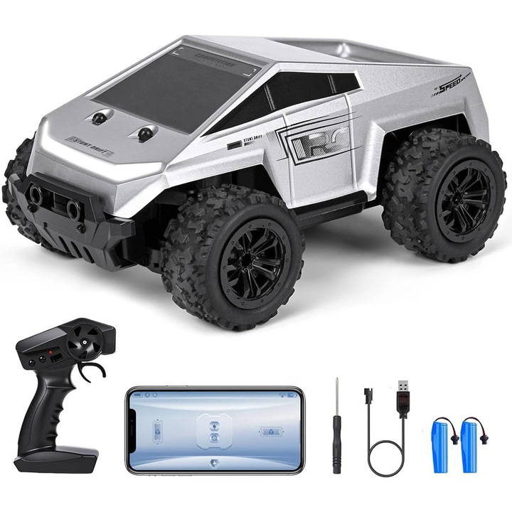 Masina cu telecomanda RC Cybertruck, VANTHEIR, Off-Road 4WD 1:20, Potrivita pentru toate tipurile de teren, Drift 360°, Baterie reincarcabila, Lumini LED, Rezistenta la apa, 2.4GHz, Type-C, Potrivita pentru copii si adulti 7-14 ani, Gri