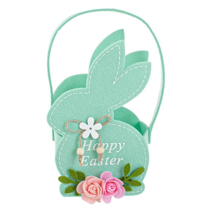 Великденска кошница за деца тип Заек от филц с дръжка за лов на яйца, тюркоаз, 13x9x26см