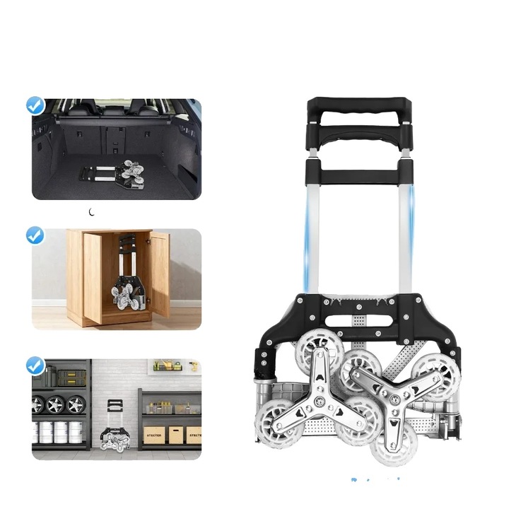 Сгъваема транспортна количка, 75 кг капацитет, колела за катерене по стълби, черна