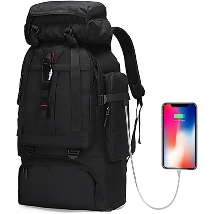 Rucsac Drumetii, Kabxhueo 80L, Impermeabil, Material Oxford 600D, Port USB Incarcare, Sistem MOLLE, Camuflaj Negru, Unisex, 70x35x20 cm