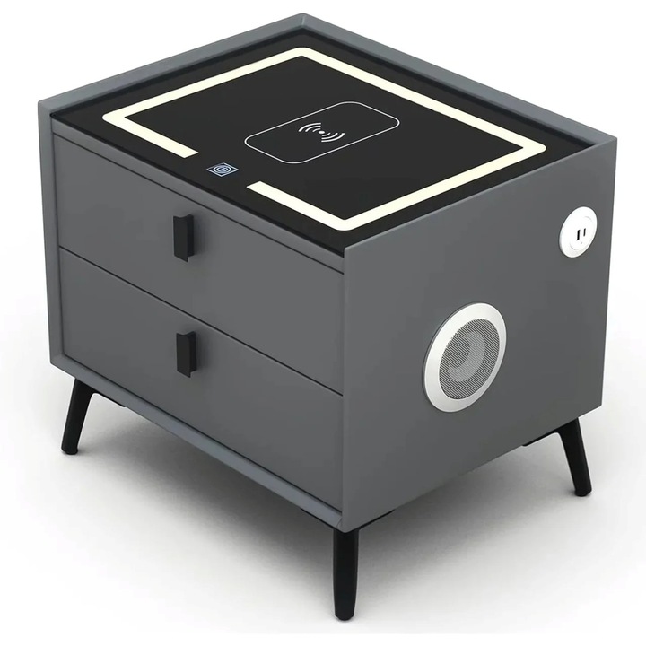 Noptiera Smart 50x40x46 cm, 2 Sertare, Incarcare Telefon Wireless, Boxa Bluetooth, Amprenta, LED, Gata Asamblata, Gri Inchis
