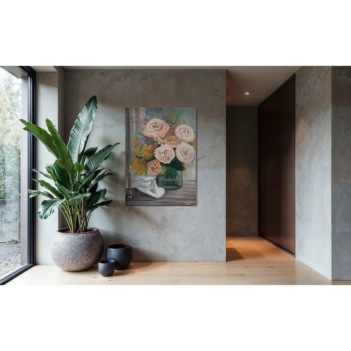 Tablou Pictat manual Silent Beauty Natura statica cu trandafiri si lumanare