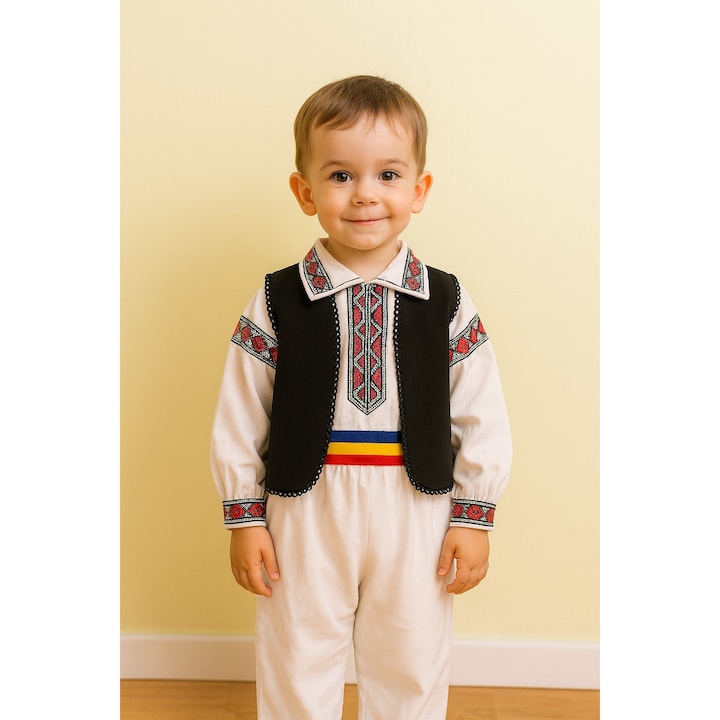 Costum popular băieți set 4 piese, ie alb, vestă neagră, 2 ani, 104 cm