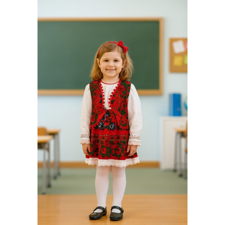Costum popular fete, trei piese, alb-roșu, 7 ani, 128 CM