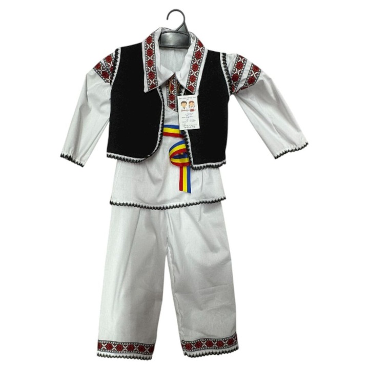 Costum popular băieți set patru piese, ie alb cu motive, vestă neagră, 128 cm