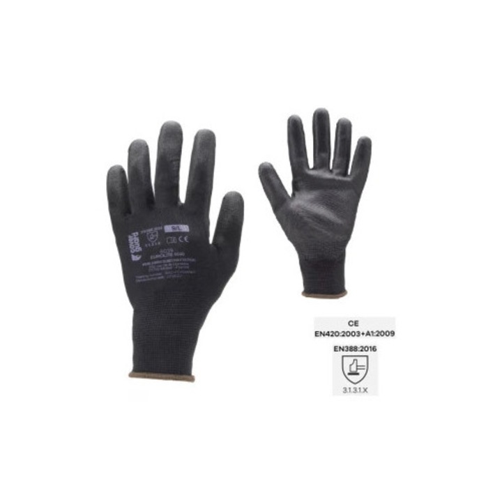 Eurolite 6040 védőkesztyű, fekete, poliuretán (PU) mártott tenyérrel, kopás- és szakadásálló, 10 pár/csomag Coverguard, M
