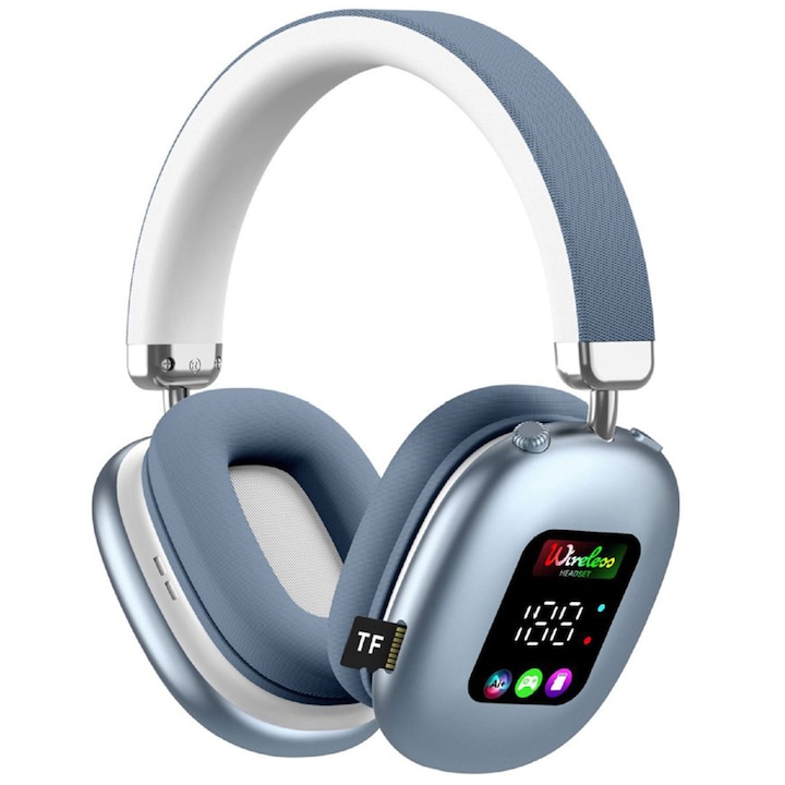 Casti Wireless Bluetooth, SDLOGAL Casti Over the Ear, HiFi, cu Ecran LED HD, Microfon, Slot card TF, Microfon, Noise Cancelling, Pentru Biroul de Calatorii Naveta, Albastru