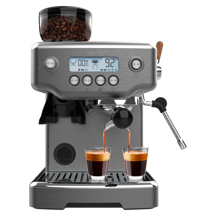 Masina portafiltru Cecotec Barista Power Espresso 20 Barista Steel & Grind.2200W, 20Bar, rasnita conica, rezervor de apa 2.1L, cafea 180g, 30 de nivele, termobloc, brate duble, accesorii incluse