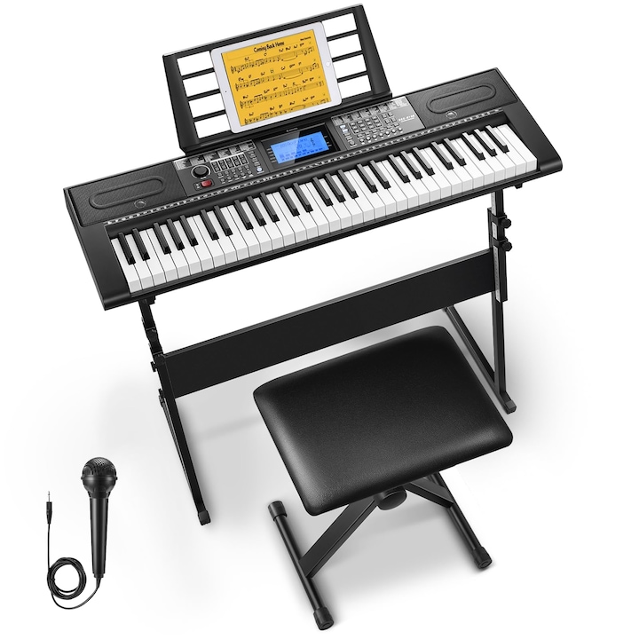 Donner Keyboard Piano Kit tastatura electrica cu 61 de taste cu 249 de voci, 249 de ritmuri, Include suport pentru pian, scaun, microfon, cadou pentru incepatori, negru (DEK-610S)