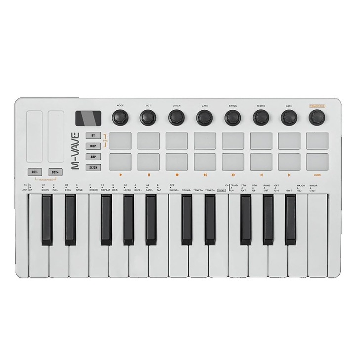 M-Vave SMK 25 MKII, Controller de tastatura wireless BT Midi cu 16 paduri de tobe iluminate din spate, 8 butoane, arpegiu, USB, alb