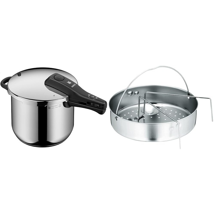 WMF Perfect oala sub presiune cu inductie 6 si set de accesorii pentru oala sub presiune 2 piese, insertie perforata cu bara de insertie, pentru oale sub presiune 3, 0-8, 5 l, otel inoxidabil Cromargan, se poate spala vase