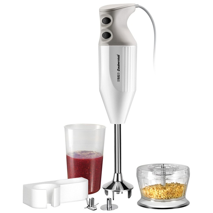 ESGE Wand 90410 M 122 de Luxe, blender de mana alb, cu accesorii, 14.000 rpm, blender de mana, blender de mana, mixer de mana, accesorii, 140 wati, design ergonomic maner, comutator dublu, centrare prin clips