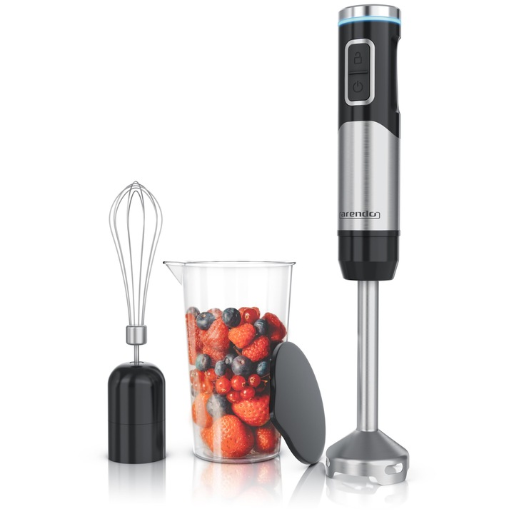 Arendo, blender de mana fara fir, 200 wati, cu baterie, mixer de mana din otel inoxidabil, blender de mana, tel, ceasca de masurare, viteza continua, blocare butoane, set