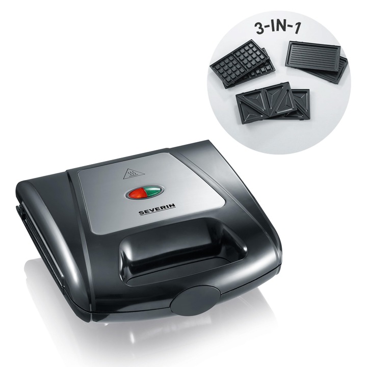 Paine prajitor pentru sandvisuri SEVERIN, functie 3 in 1 (sandwich, gratar, farfurie pentru vafe), 1.000 W, SA 2968, finisat EDS/negru
