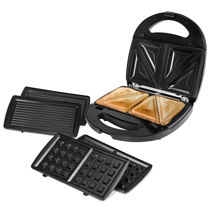 Produs de sandvisuri 3 in 1, prajitor de sandvisuri antiaderent pentru 2 sandvisuri, incalzire pe doua fete de 750 W, control automat al temperaturii, indicator luminos inteligent