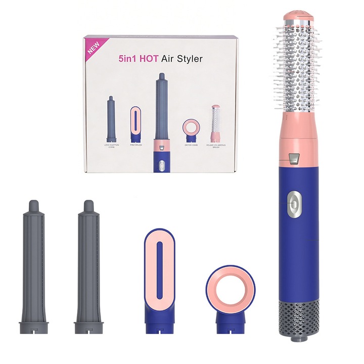 VeniSymlis® Perie rotativa de styling cu aer cald BBY-100, 5-in-1, 3 temperaturi, aer rece, accesorii interschimbabile, perie spirala 30mm, perie intinsa, perie rotativa, pentru volum si bucle, uscator si coafat
