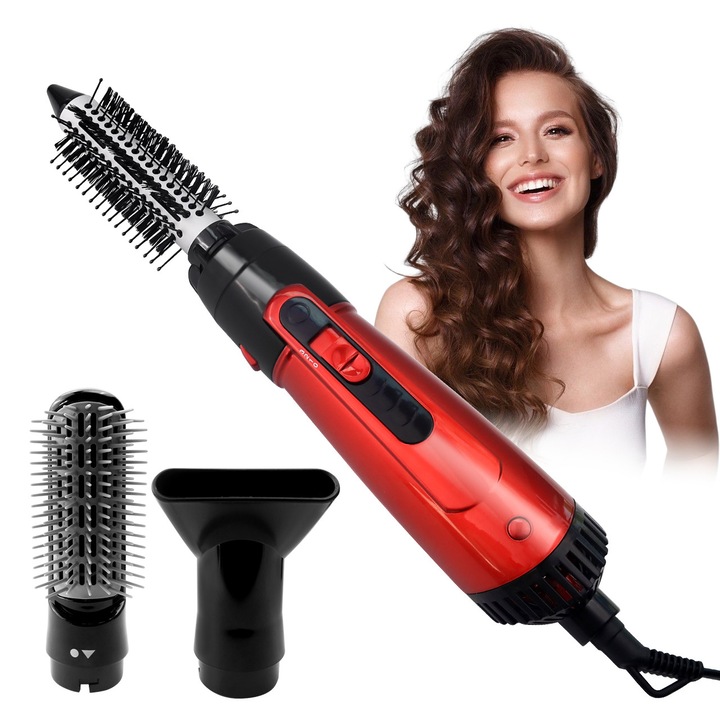 VeniSymlis® Perie de par cu aer cald HT-303, uscator si styling 3 in 1, 800W, 3 accesorii (perie rotativa metalica, perie de volum, concentrator), 2 viteze + aer rece, cablu rotativ, rosu