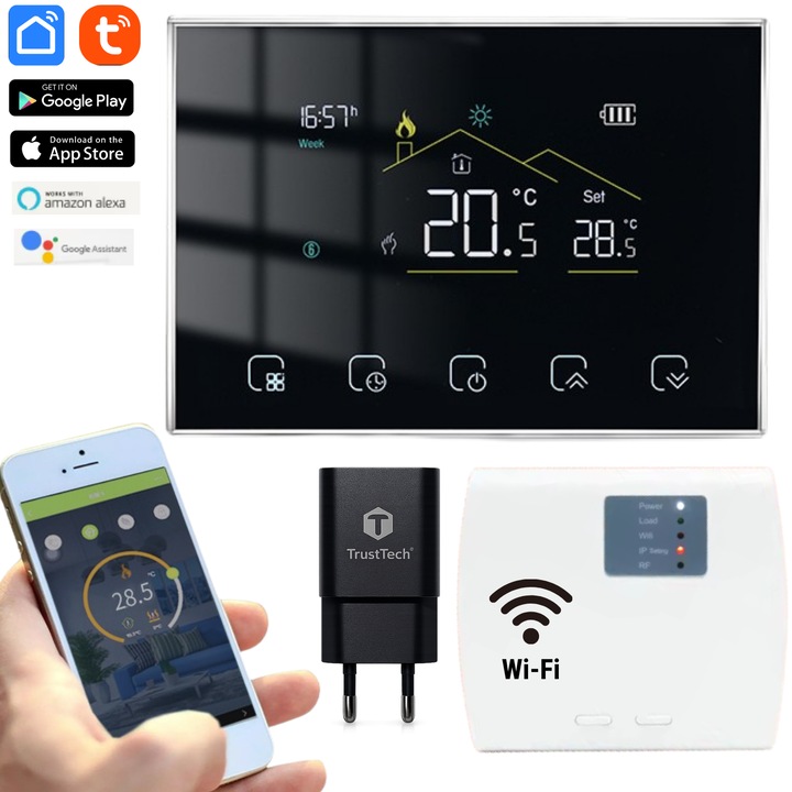 Termostat de ambient Smart/Inteligent Wireless TrustTech, Control WiFi din Telefon, Control Vocal Alexa & Google, Afisaj Crystal, Compatibil Tuya, pentru Centrala Termica, Incalzire in Pardoseala, Boiler, Pompa de Caldura, Negru, Incarcator Inclus