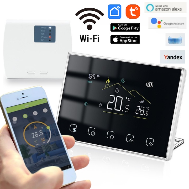 Termostat Smart/Inteligent Wireless WiFi TrustTech, Control de pe Telefon prin internet, Control Vocal Alexa & Google, Afisaj Crystal Lichid, Compatibil Tuya, pentru Centrala Termica, Incalzire in Pardoseala, Boiler, Pompa de Caldura, Design Modern negru