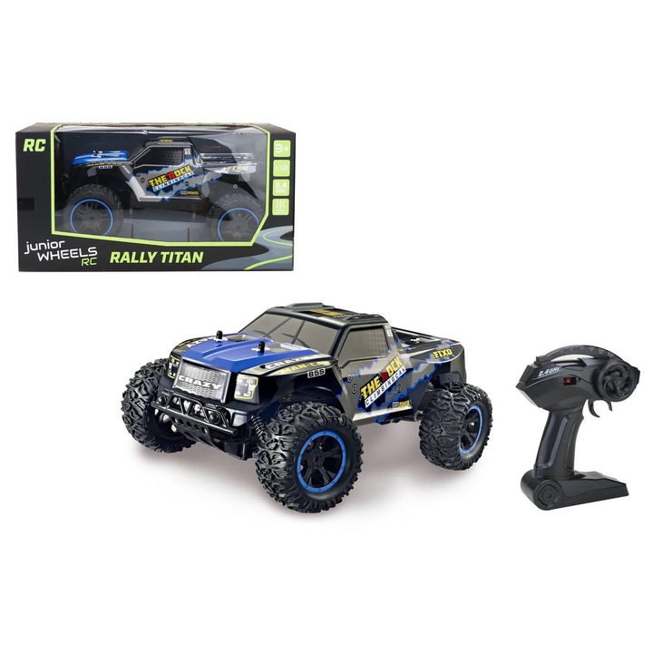 RC Rally autó 1:10, Junior Wheels, kék, óriás abroncsok, 12 km/h