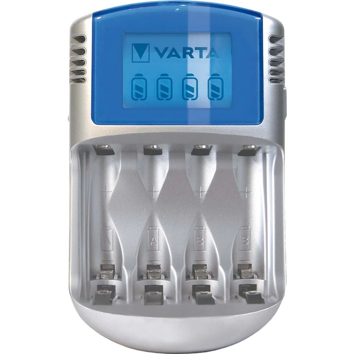 Încărcător baterii NEDIS, 4x AA, 2700 mAh, cablu USB, LCD albastru