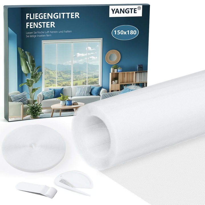 Plasa tantari, YANGTE, pentru ferestre, fara gaurire, 150x180 cm, Alb