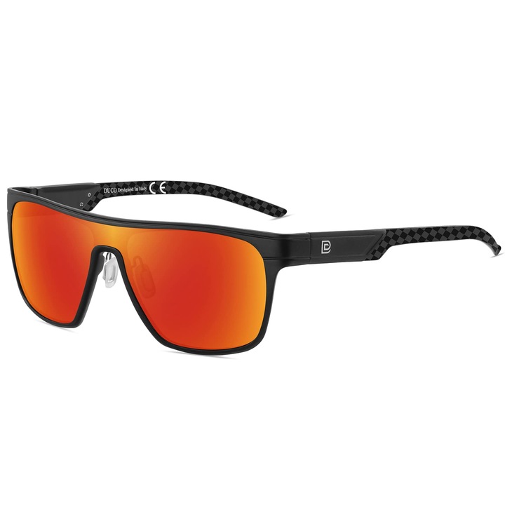 DUCO barbati's patrati polarizati Ochelari de soare Sport Driving Fishing Sun Glasses Flat Top Shield Shades UV 400 Protection DC8230, Black Frame Revo Temple Red Lens, 143