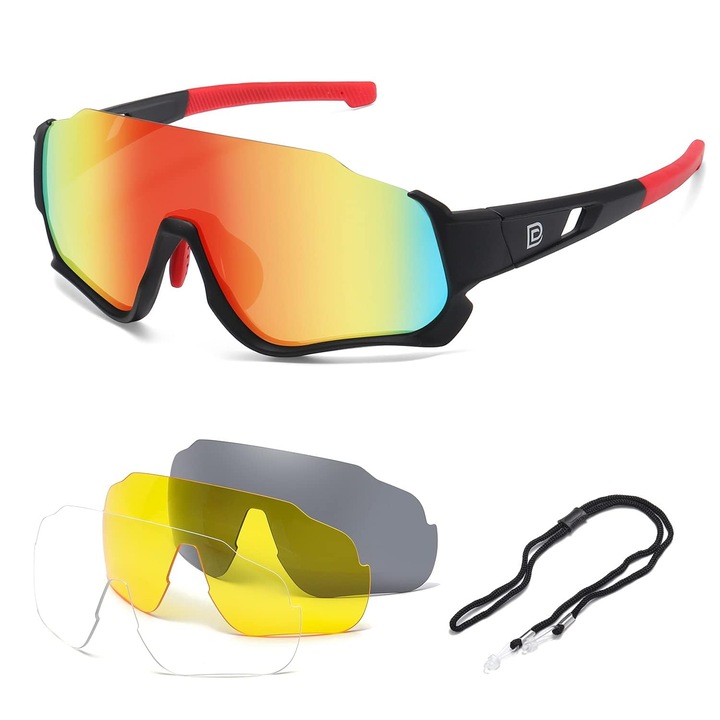 DUCO polarizati pentru copii Ochelari de soare Youth Baseball Ochelari de soare Sport Teens Cycling Ochelari de soare Boys Girls with 3 Lenses DK280 (Black Frame Red Temple Orange Colored Lens)
