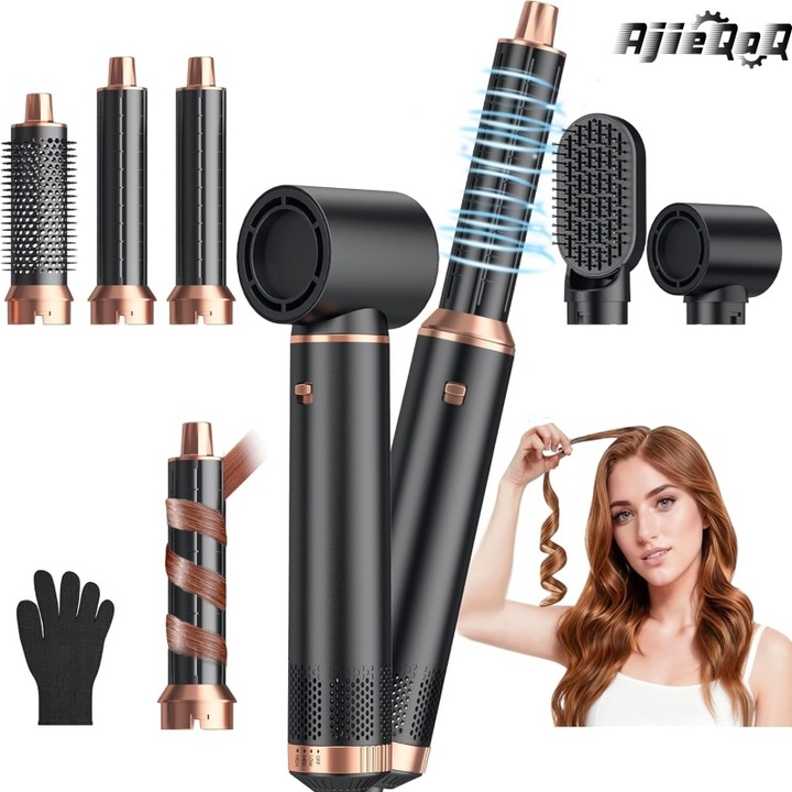 Uscator de par multifunctional,5 in 1, cu perie uscator cu viteza reglabila, incalzitor de par cu aer, perie termica detasabila, perie cu ioni negativi pentru buclare,1000 W, ioni negativi, reglare in 3 viteze, Control inteligent al temperaturii, AjieQaQ®