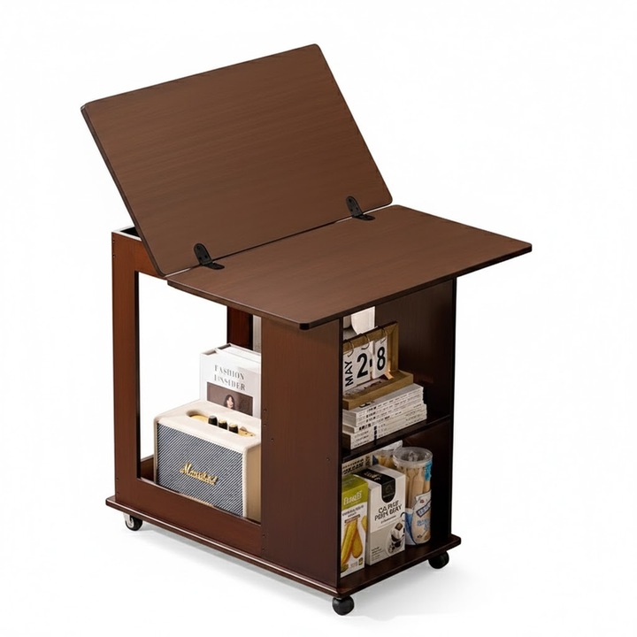 Masuta Auxiliara Mobila cu Rotile, Masa Extensibila pentru Laptop sau Dining, Design Compact cu 3 Niveluri de Depozitare, Maro Wenge