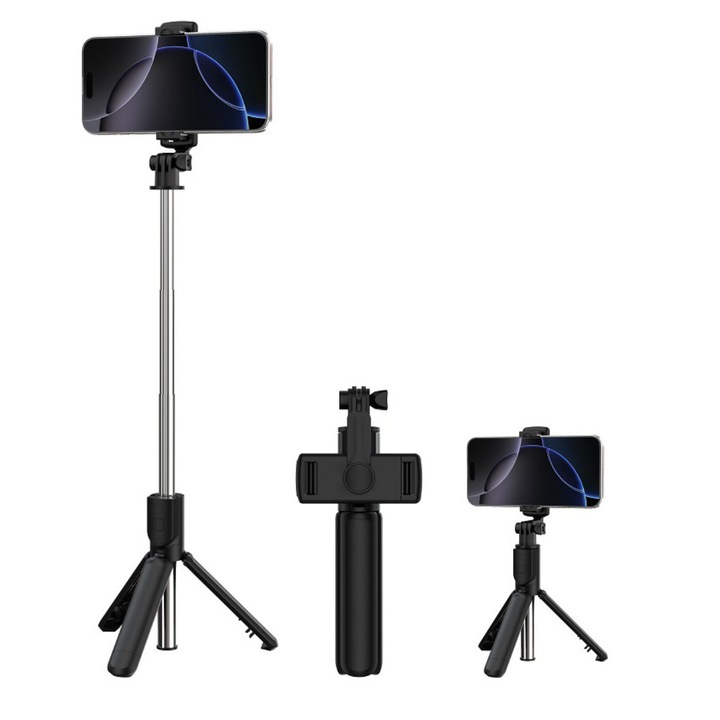 Selfie Stick Bluetooth cu Stativ Integrat ES083 - Telecomanda Wireless, Brat Extensibil 70 cm, Compatibil iPhone & Android