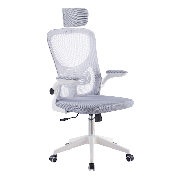 Офис стол Invincio Smart Fit, за деца и възрастни до 80 кг, дишаща мрежа, лумбална опора, регулируема облегалка за глава, сгъваеми подлакътници, регулиране на височината и накланяща се облегалка, колелца и завъртане на 360 градуса, бяло-сив