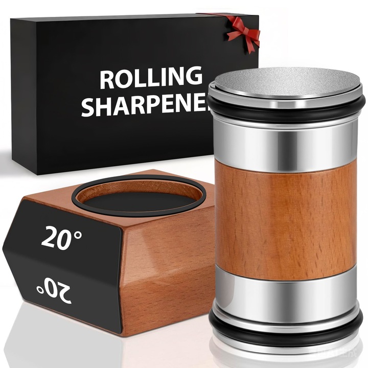 Ascutitor Cutite Rulant, BYONDSELF®, Magnetic, Piatra De Ascutire Diamant, 2 Tipuri De Granulatii (400/1000), Suport Inclinatie Magnetica Pentru Cutite 15° si 20°, pentru Bucatarie, Culoare Lemn
