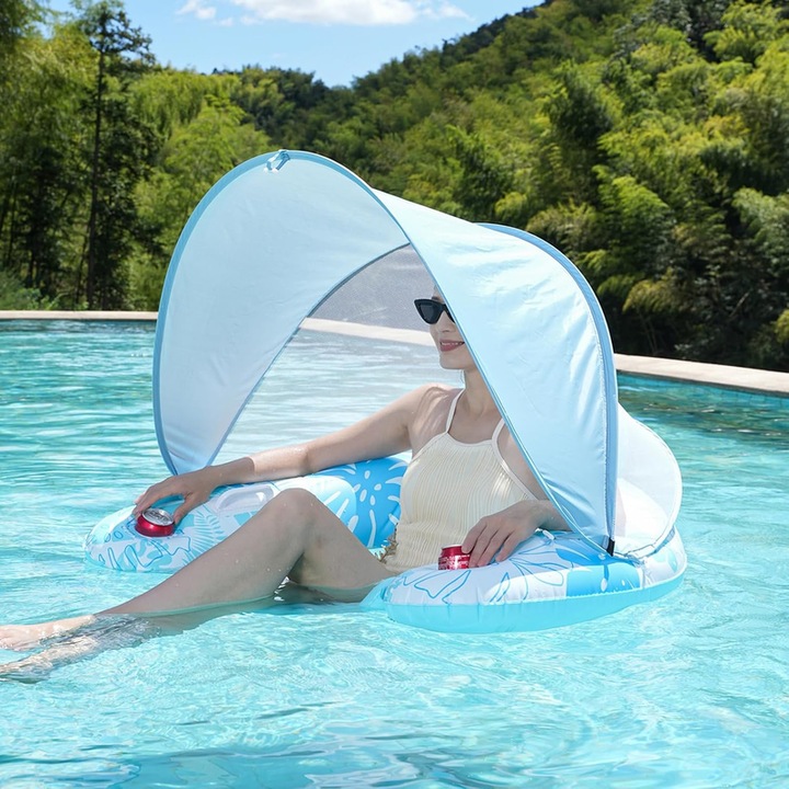 Saltea gonflabilă Luoistu cu baldachin, suporturi pentru pahare, PVC, 136kg, pentru adulti