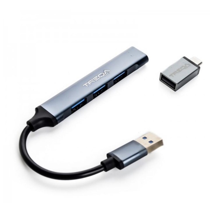 Adaptor Hub USB TREQA, 4 porturi USB 3.0, compatibil USB-C si USB-A (cu adaptor), Plug & Play, pentru laptop/PC