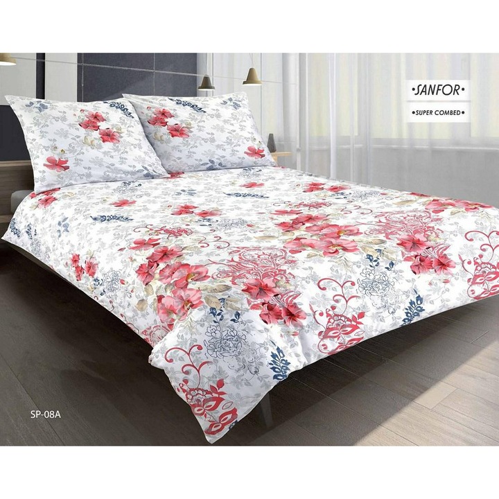 Színes szatén ágynemű 140x200 Kínai virágok fehér szürke 08A Prémium