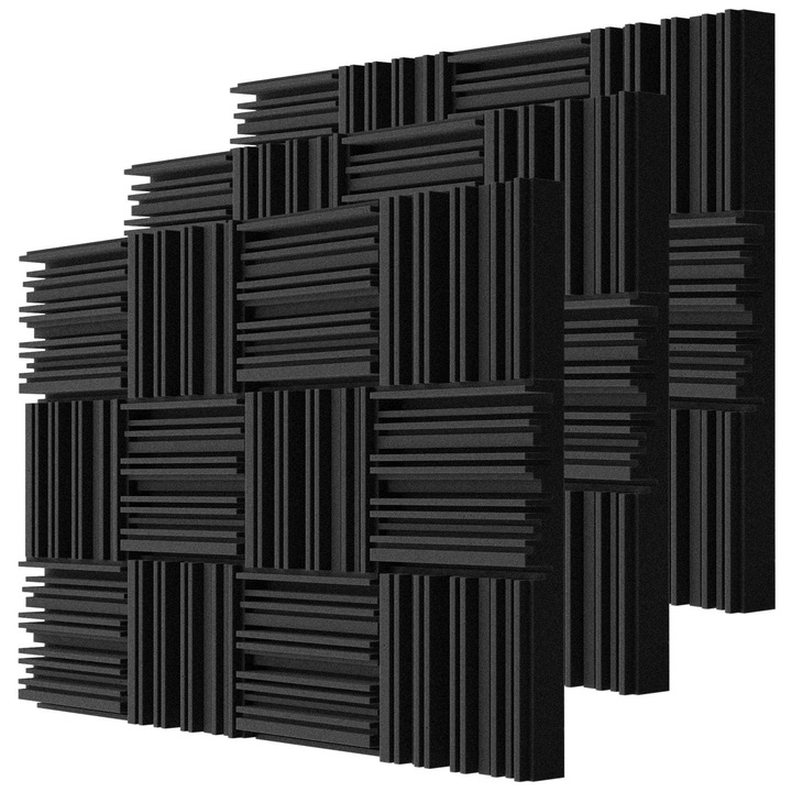 Hangelnyelő panelek poliuretán habból, 24 darabos készlet, öntapadós, 30x30x5 cm, fekete, tűzálló, fejlett hangszigetelés, ideális stúdiókba, irodákba és otthonokba