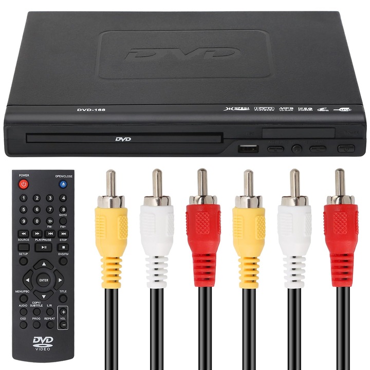 DVD Player 15W, 1080P, Telecomanda inclusa, suport CD/DVD/VCD si USB, Conectare AV, negru, Ideal pentru acasa si proiecte, compatibil cu multiple formate