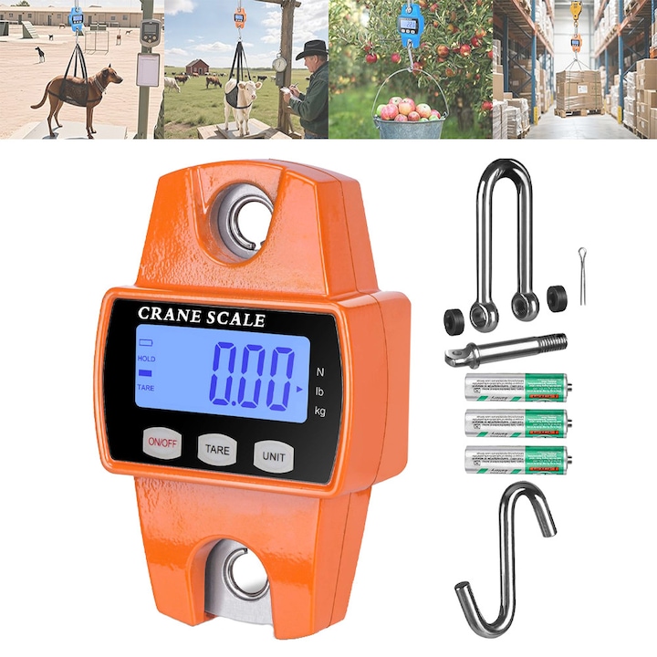 Cantar digital suspendat de 660 lb cu carcasa din aluminiu turnat, cantar mini macara portabil de 300 kg cu carlige pentru vanatoare la ferma, pescuit in aer liber (portocaliu)