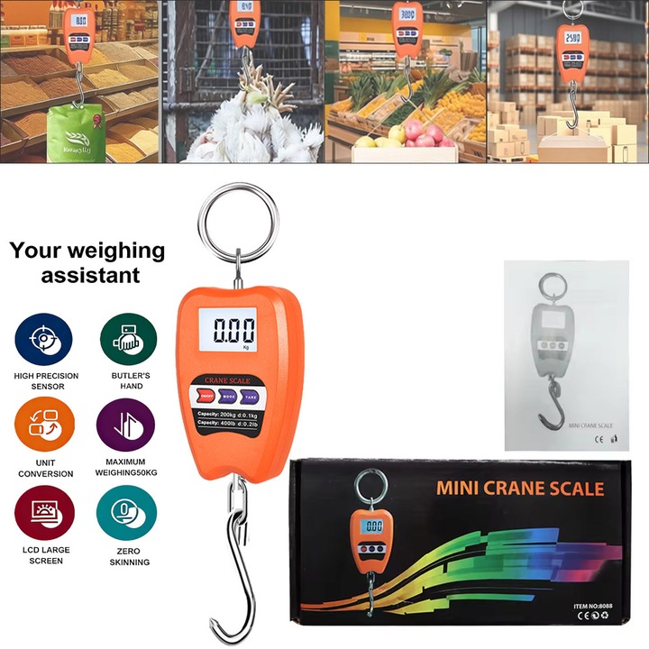 Cantar digital cu macara 200kg/440lbs cu LED, mini cantar suspendat portabil pentru garaj, ferma, vanatoare, pescuit etc. (200kg/carcasa din plastic/portocaliu)