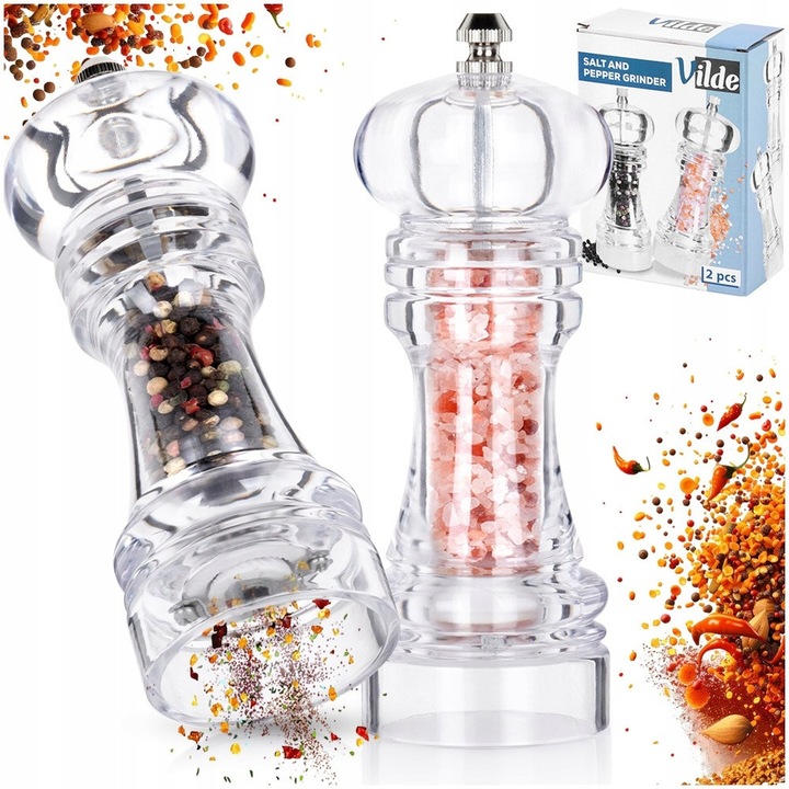 Set 2 Rasnite Manuale Pentru Piper Si Sare, Vilde, 16 cm, Transparent, Mecanism Ceramic De Macinare, Corp Din Acril Rezistent, Dozare Usoara Pentru Condimente, Utilizare Casnica Si Horeca, Accesorii Practice Si Elegante Pentru Bucatarie