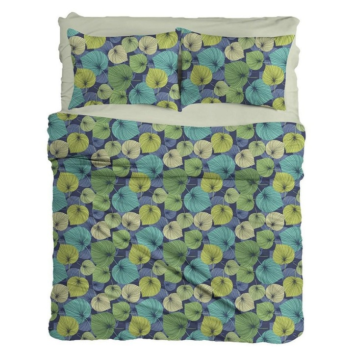 Szatén ágynemű 160x200 színes levelek sötétkék R18 deSatin 1 Ranforce