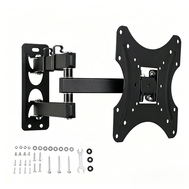 Suport universal multifunctional reglabil pentru televizor, suport de perete pentru televizor cu brat retractabil, rotativ si pivotant, compatibil cu televizoare de 17"-42", negru