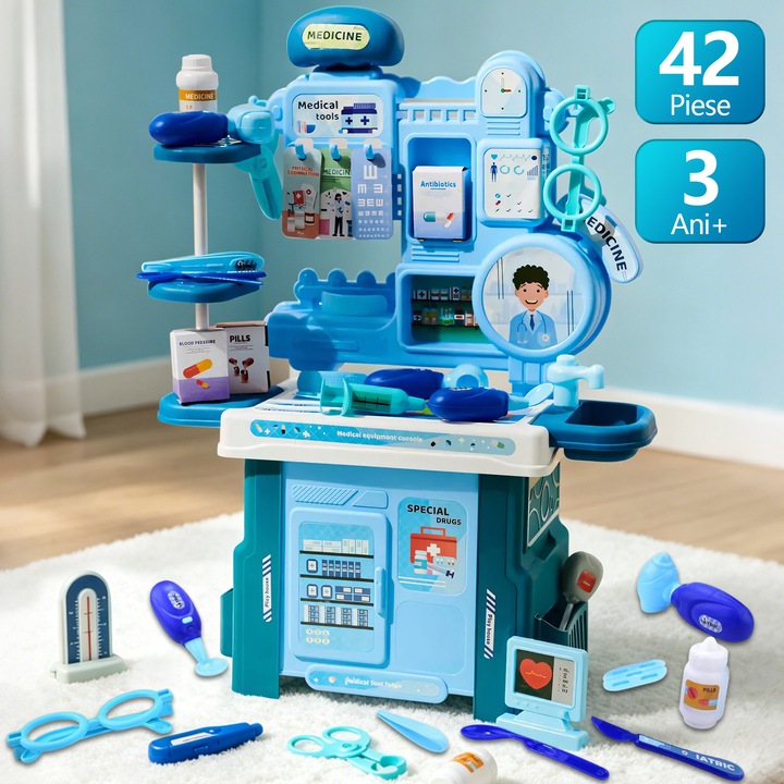 Set Joaca Doctor, BYONDSELF®, 42 Piese, Stetoscop, Termometru, Tip Masa de Lucru, Autocolant, Foarfece, Ciocan, Jucarii Interactive/Montessori, pentru Micul Doctor, 3 Ani+, Albastru
