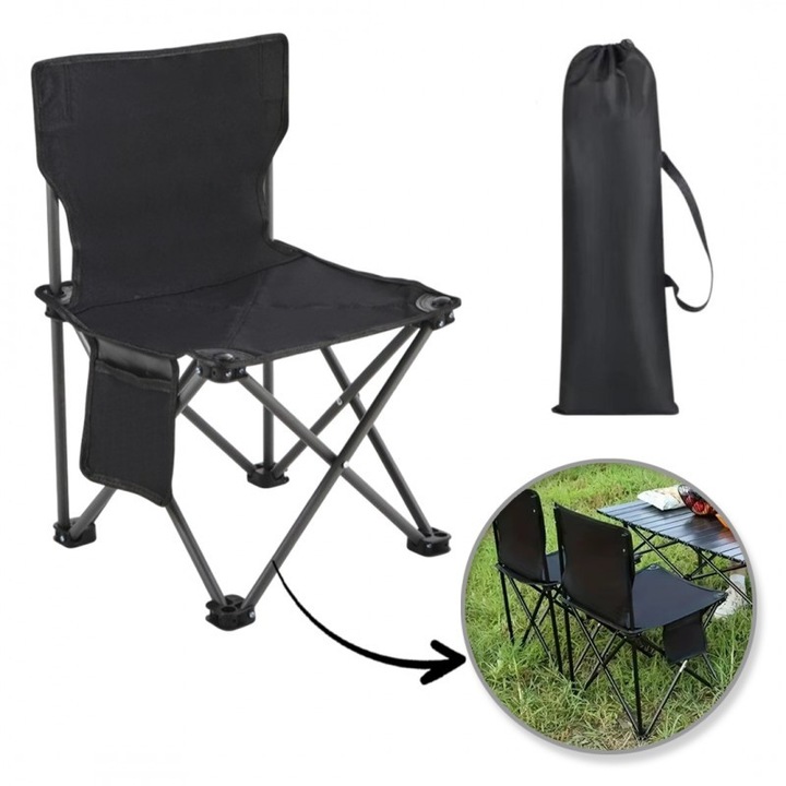 Scaun pliabil gradina, camping si pescuit, cu buzunar lateral, negru, JollyMag, KRT12CZ, 72x43x43 cm