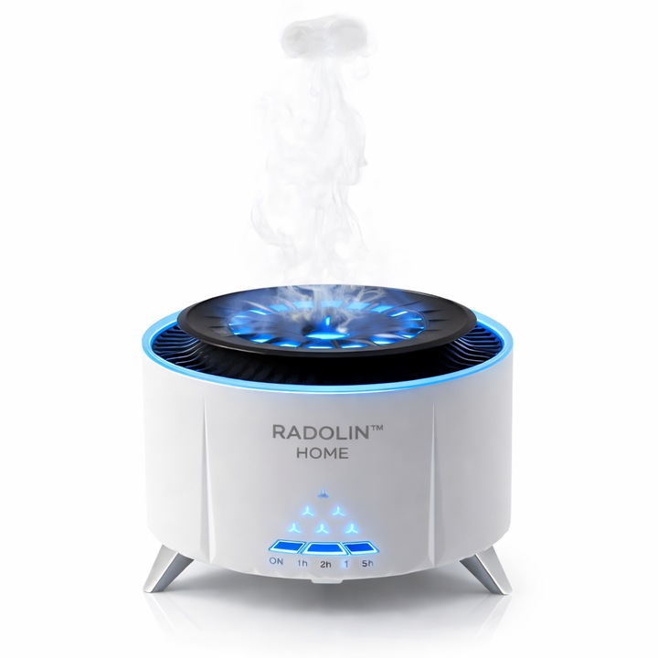Difuzor de Arome Radolin™ AromaSound, Aromaterapie, Umidificator cu Uleiuri Esentiale, Capacitate 350ml, Lumina LED, Efect Flacara, Abur tip Meduza, Mod Temporizator, Silentios